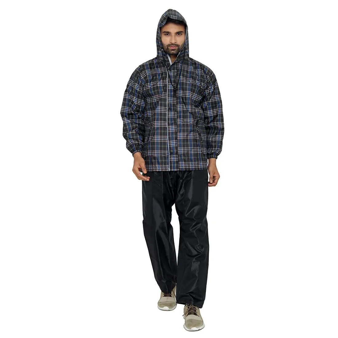 Men Rain Coat - Waterproof, Reversible, Double Layer | Set of Top & Bottom | Large | Black