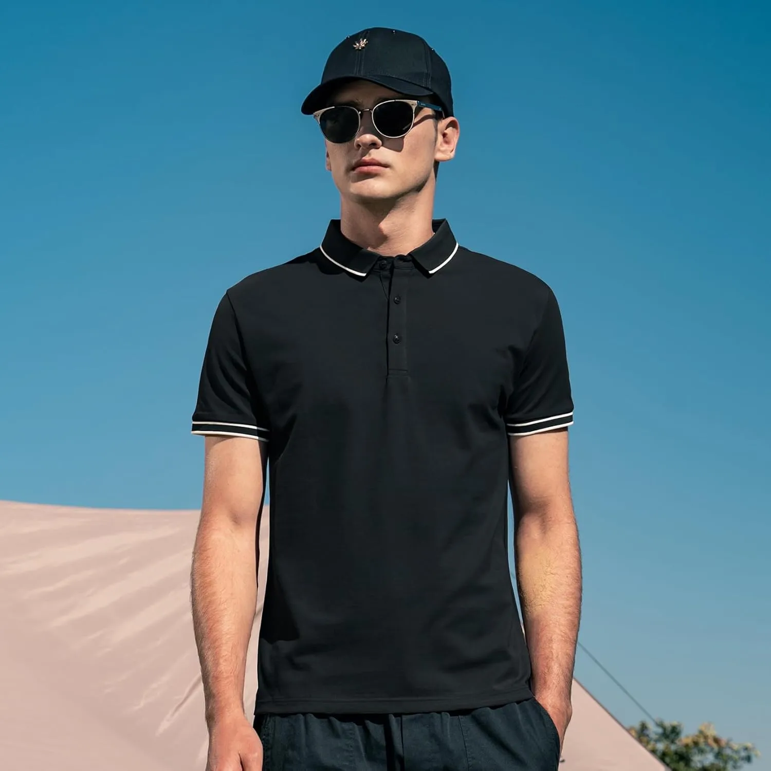 Men's Polo Shirts Casual Short Sleeve Button Down Shirts Classic Stripe Golf Polo Collared Work Shirts