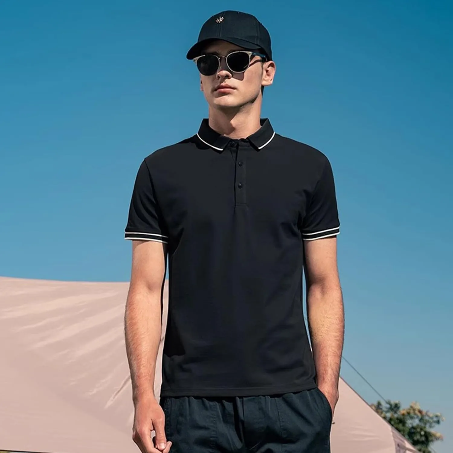 Men's Polo Shirts Casual Short Sleeve Button Down Shirts Classic Stripe Golf Polo Collared Work Shirts