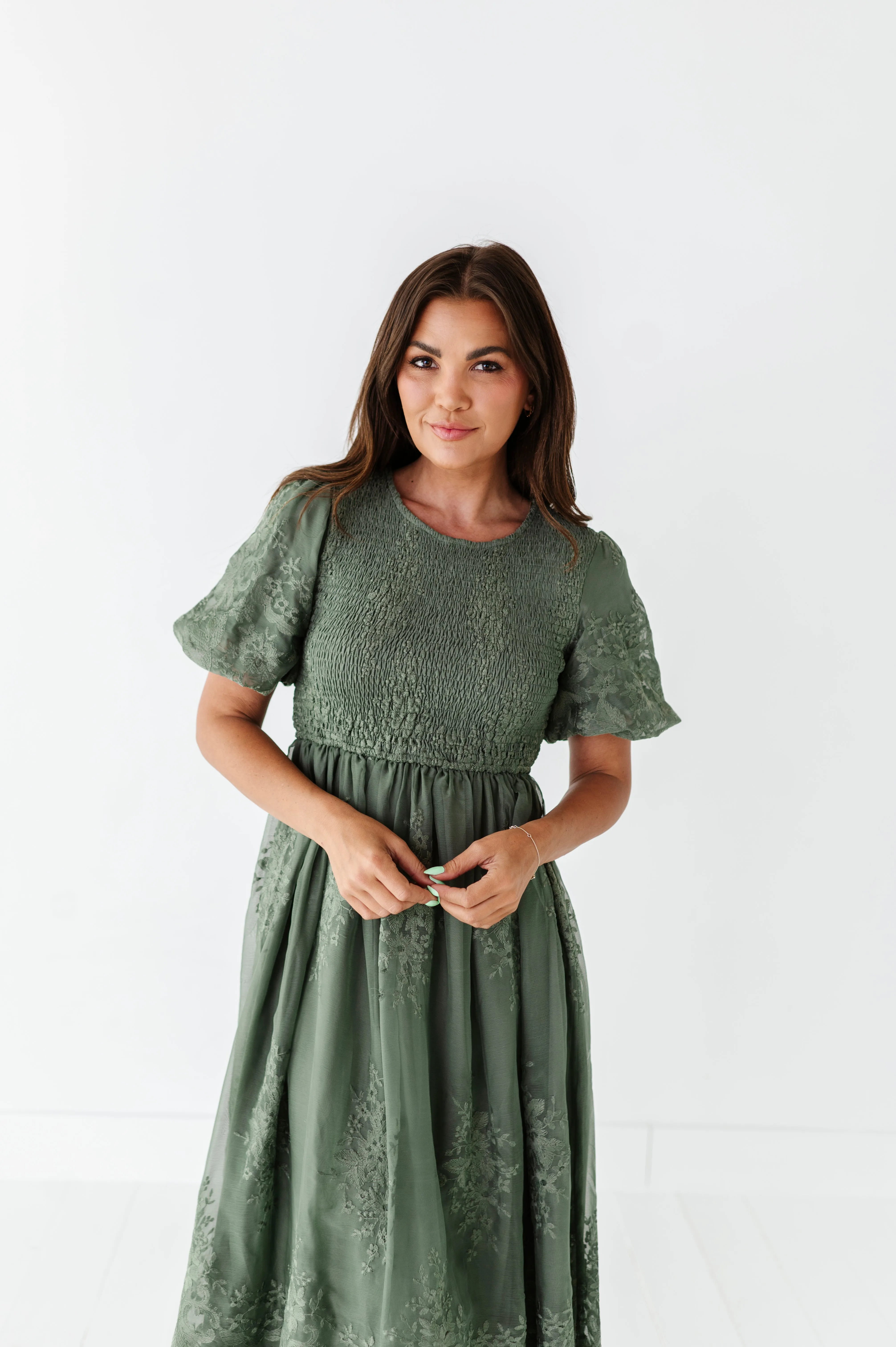 Mia Embroidered Smocked Dress in Sage