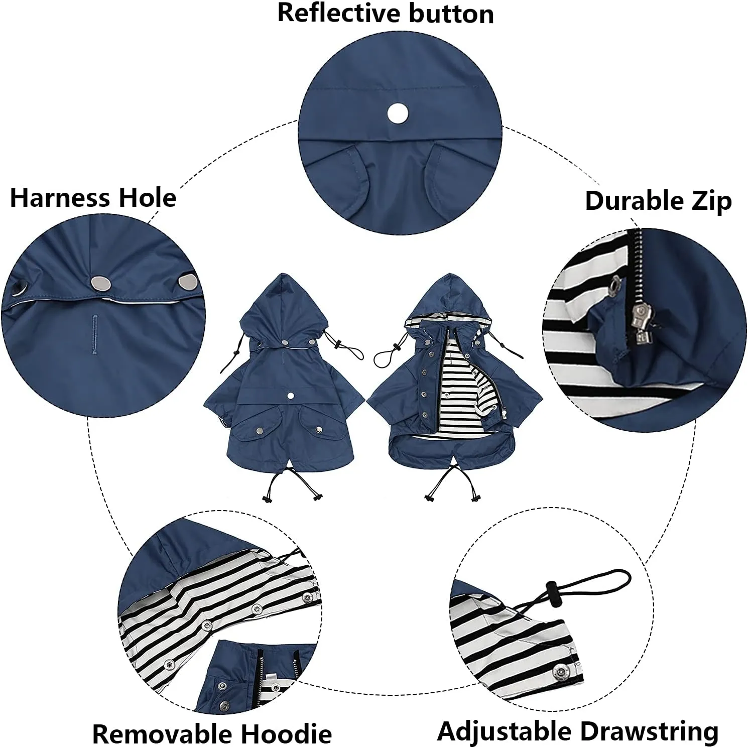 Morezi Dog Zip Up Raincoat with Reflective Buttons, Rain/Water Resistant, Adjustable Drawstring, Removable Hood, Raincoats with Legs 8lbs to 80lbs Available - Dark Blue - Medium
