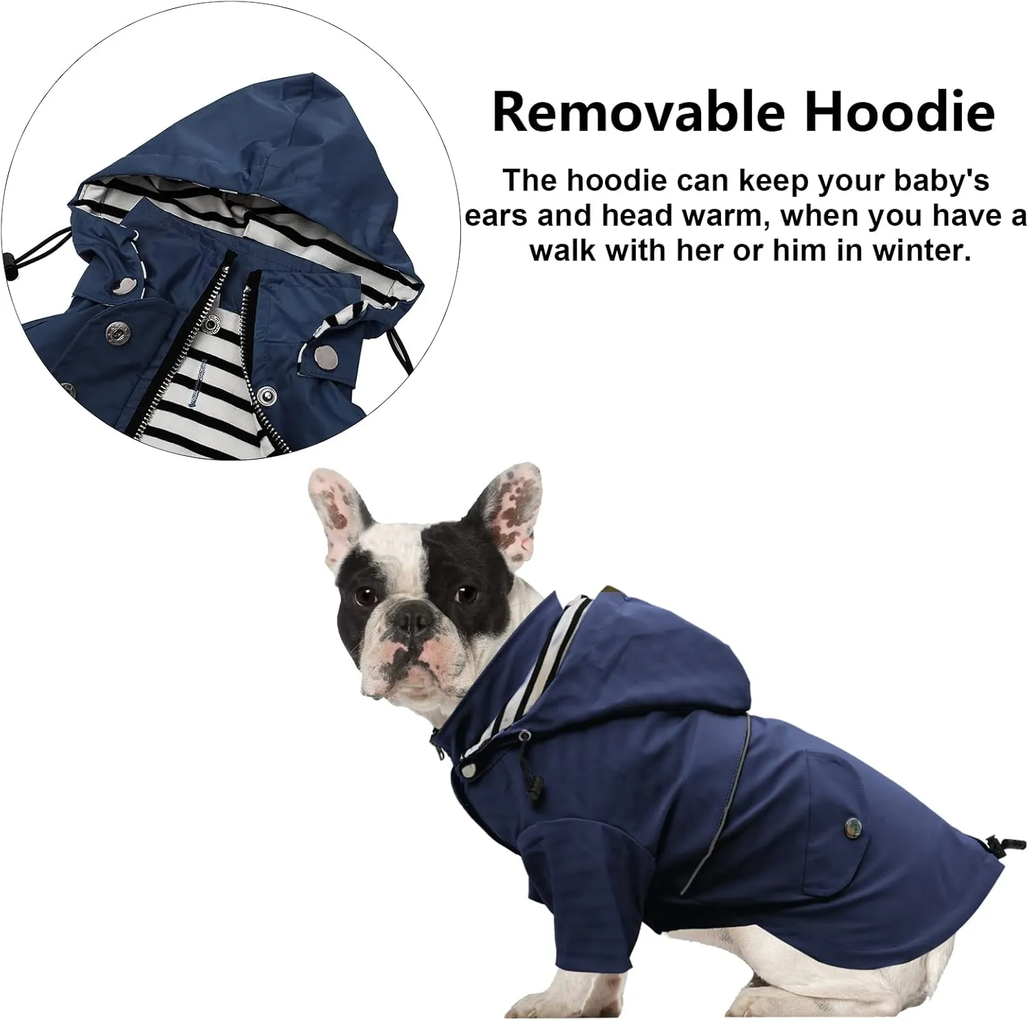Morezi Dog Zip Up Raincoat with Reflective Buttons, Rain/Water Resistant, Adjustable Drawstring, Removable Hood, Raincoats with Legs 8lbs to 80lbs Available - Dark Blue - Medium
