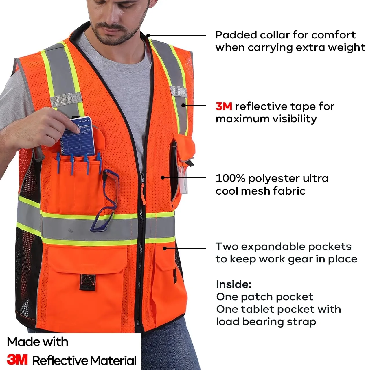 Neopelta Reflective Safety Vest Orange Mesh, Made with 3M Reflective Tape, Heavy Duty Vest with ID pocket, Padded Neck, Orange 2XL