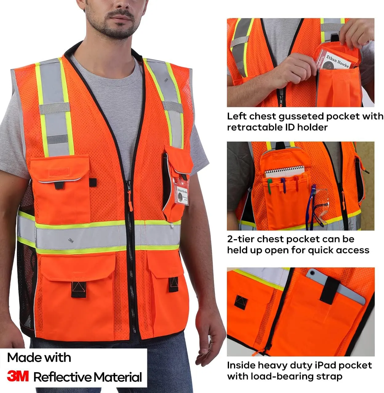 Neopelta Reflective Safety Vest Orange Mesh, Made with 3M Reflective Tape, Heavy Duty Vest with ID pocket, Padded Neck, Orange 2XL