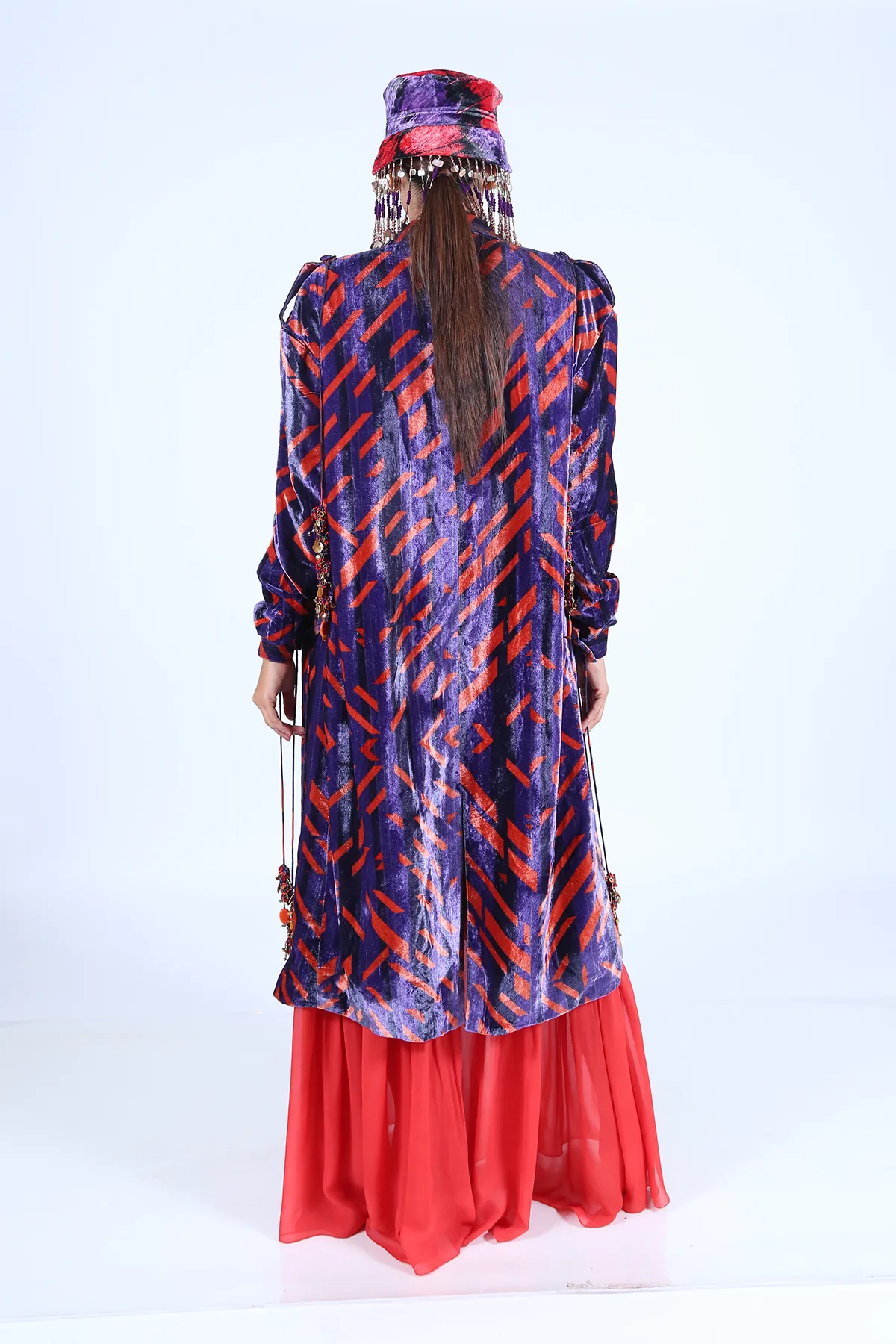 Printed Velvet Trench with Tassel