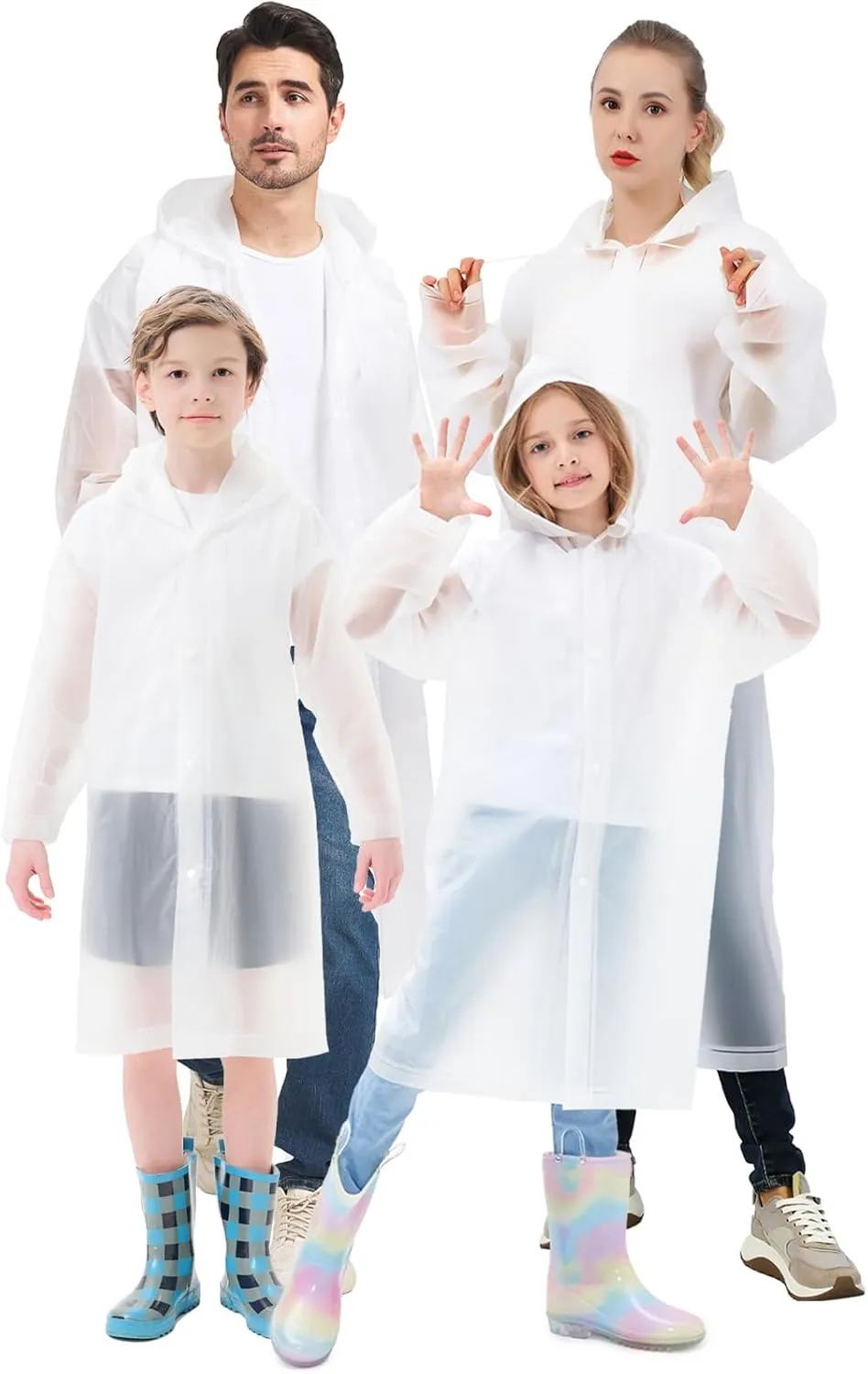 Rain Ponchos Family 4 Pack Adults Kids Reusable EVA Raincoats Button to Adjust Cuff Size