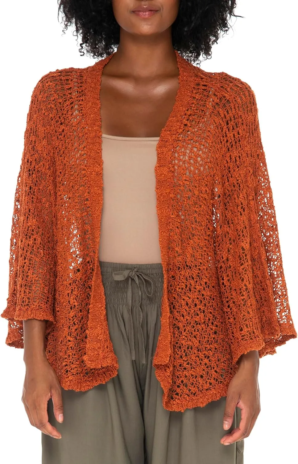 SHU-SHI Lightweight Open Front Cardigan for Women Hollow Out Sweater Knitted Poncho Batwing Loose Popcorn Shawl Boho Wrap Burnt Orange
