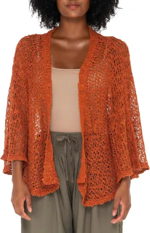 SHU-SHI Lightweight Open Front Cardigan for Women Hollow Out Sweater Knitted Poncho Batwing Loose Popcorn Shawl Boho Wrap Burnt Orange