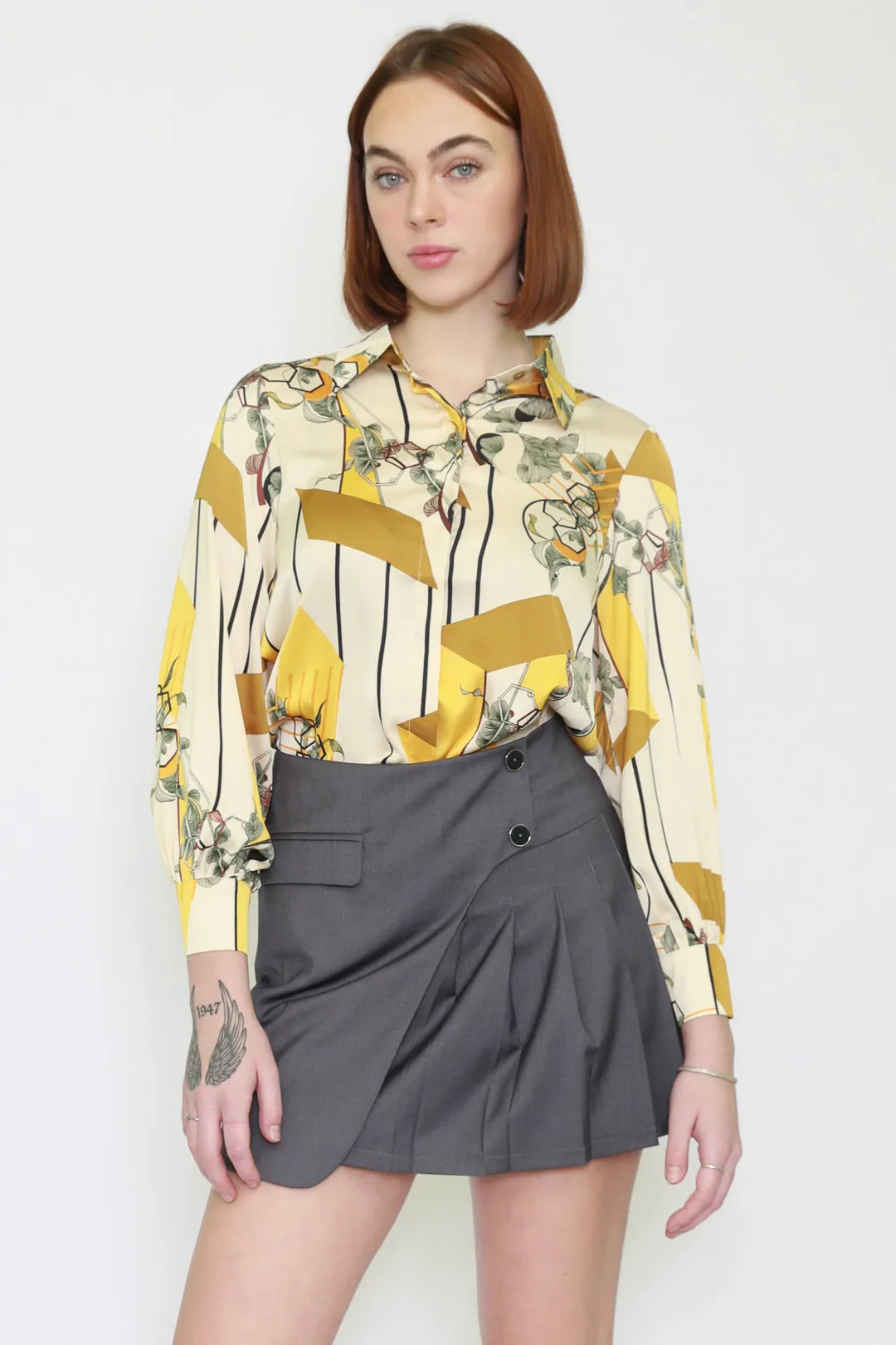 Silk Abstract Prints Yellow Shirt