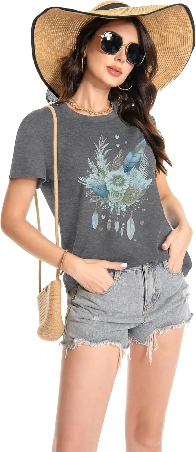 T Shirts for Women Crewneck Short Sleeve Loose Fit Casual Cute Tee Tunic Blouse