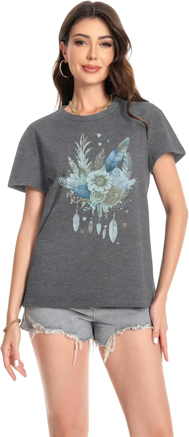 T Shirts for Women Crewneck Short Sleeve Loose Fit Casual Cute Tee Tunic Blouse