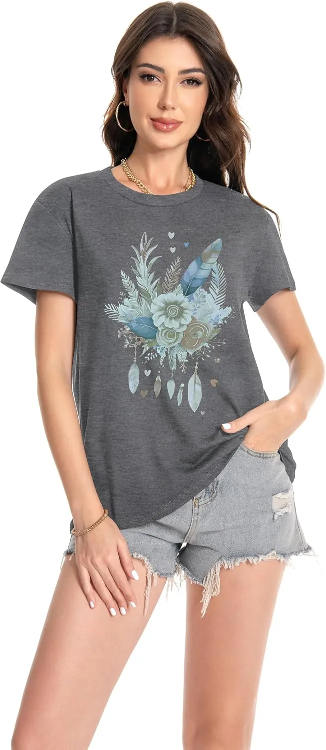 T Shirts for Women Crewneck Short Sleeve Loose Fit Casual Cute Tee Tunic Blouse