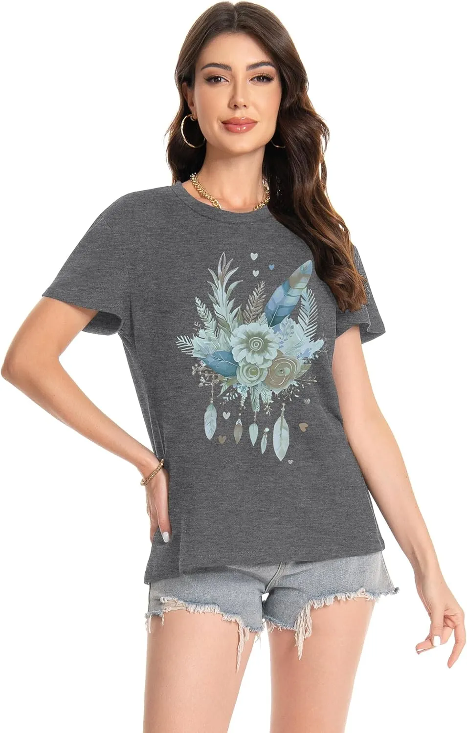 T Shirts for Women Crewneck Short Sleeve Loose Fit Casual Cute Tee Tunic Blouse