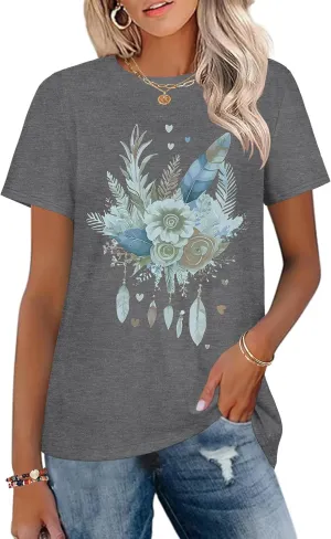 T Shirts for Women Crewneck Short Sleeve Loose Fit Casual Cute Tee Tunic Blouse