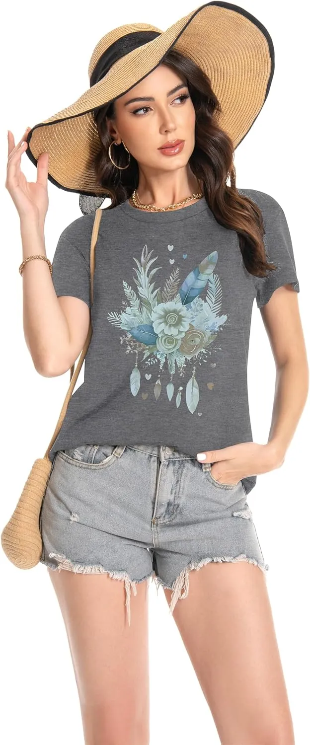 T Shirts for Women Crewneck Short Sleeve Loose Fit Casual Cute Tee Tunic Blouse
