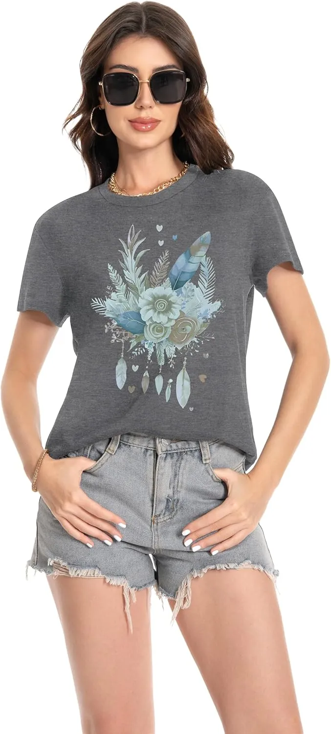 T Shirts for Women Crewneck Short Sleeve Loose Fit Casual Cute Tee Tunic Blouse