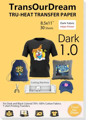 TransOurDream Tru-Heat Transfer Paper for Inkjet Printer (30 Sheets, 8.5x11") Printable Heat Transfer Vinyl for T Shirts Iron on Transfers for Dark Fabrics