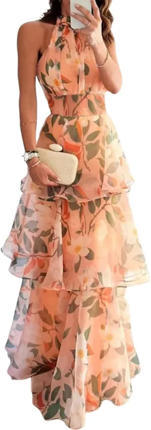 Women's 2025 Summer Orange Floral Print Dress Sexy Sleeveless Halter Neck Maxi Dress Flowy Tiered Sun Dresses