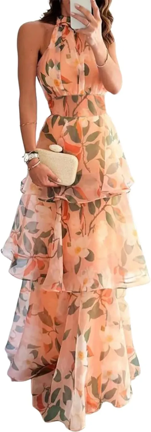Women's 2025 Summer Orange Floral Print Dress Sexy Sleeveless Halter Neck Maxi Dress Flowy Tiered Sun Dresses