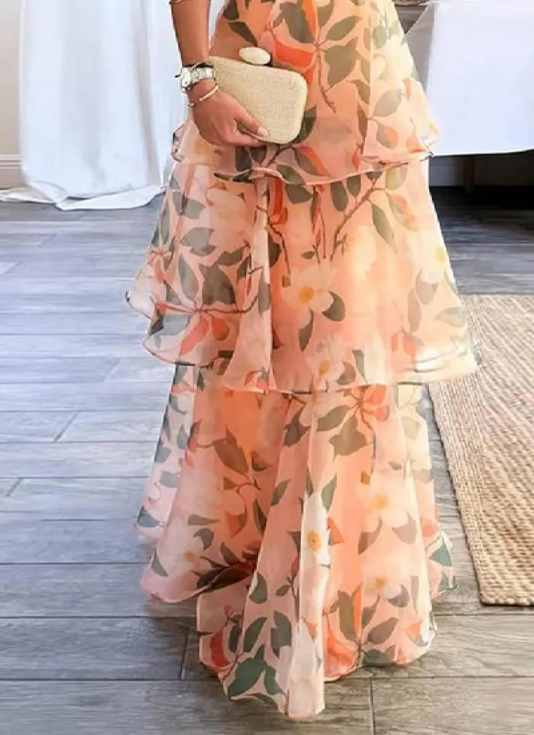 Women's 2025 Summer Orange Floral Print Dress Sexy Sleeveless Halter Neck Maxi Dress Flowy Tiered Sun Dresses