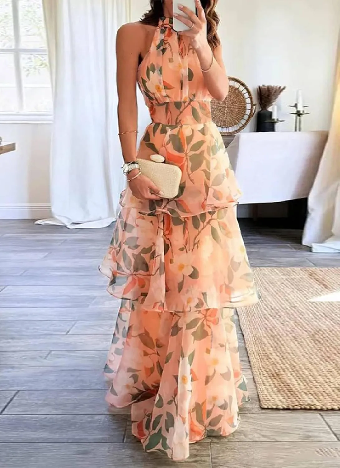 Women's 2025 Summer Orange Floral Print Dress Sexy Sleeveless Halter Neck Maxi Dress Flowy Tiered Sun Dresses